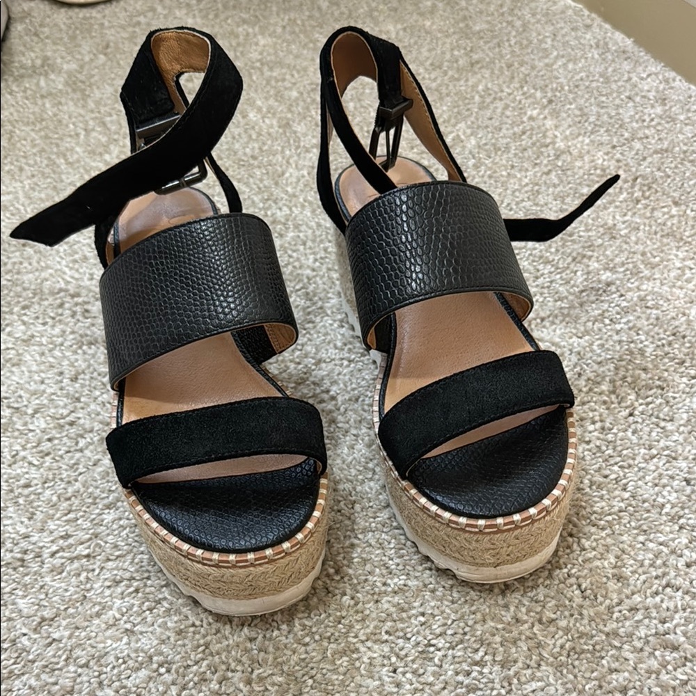 Crown Vintage Daylen Black Cow Suede Espadrille Wedge Platform Sandal - Wedges